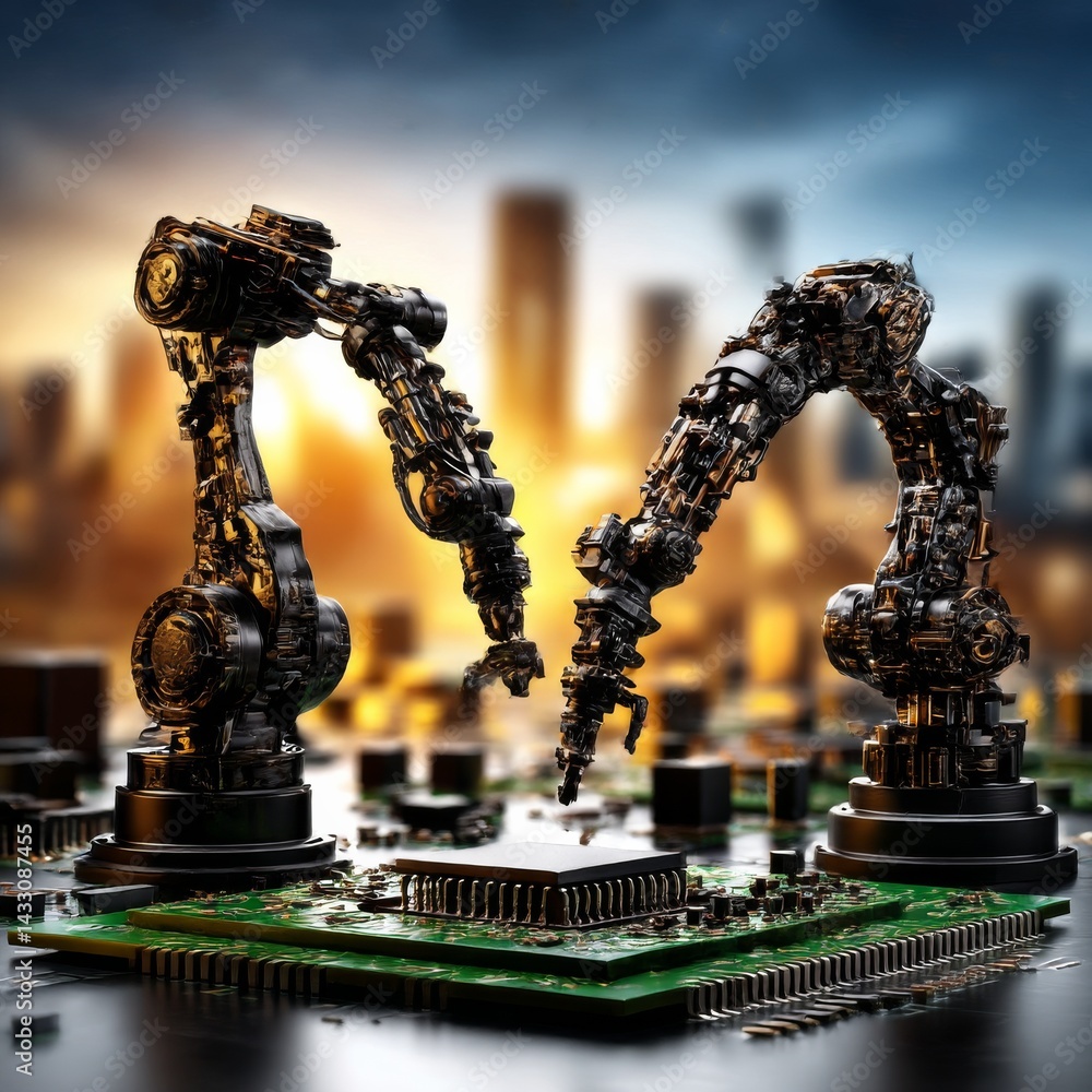 Poster The Future of Tech: Robotic Arms Assembling a Microchip in a Cityscape with AI Automation at its Core.