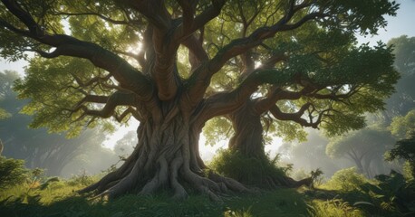Fototapeta premium Ancient tree engulfed by lush exotic vines and leaves , ancient, texture, untamed