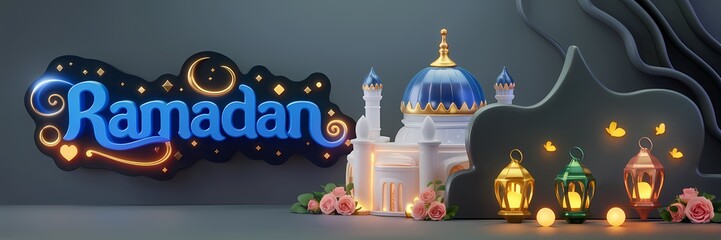 Ramadan Dark Fantasy 3D illustration Scene Featuring Glowing White Mosque with Blue Dome Golden Details Surrounded by Magical Lanterns Butterflies Roses Elegant Ramadan Text Luxurious Fantasy Setting