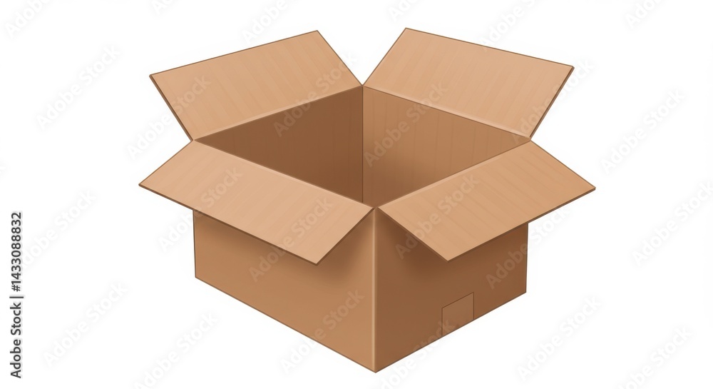 Poster an open cardboard box with flaps extended on a white background in a studio shot illustration