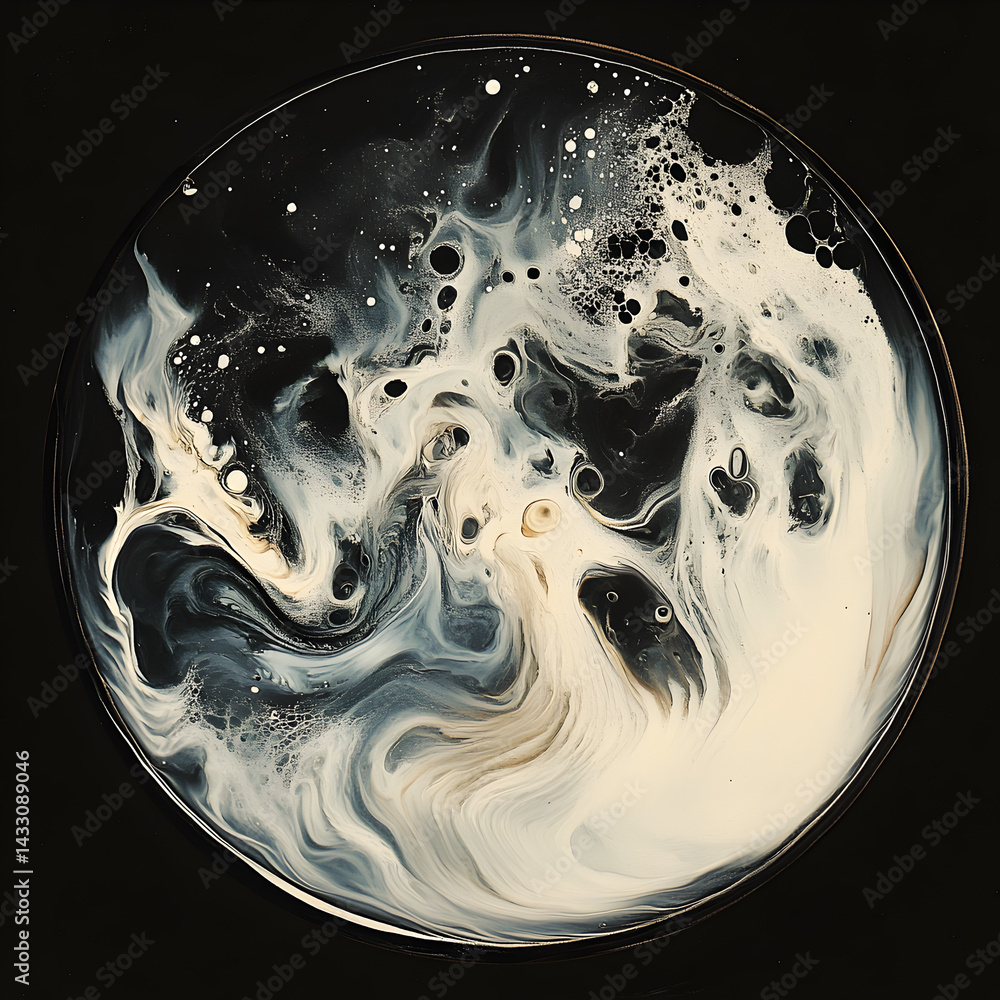 Poster fluid cosmos: an abstract artistic representation on a circular canvas depicting a captivating dance