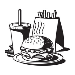 Classic Burger and Soda Combo, Classic fast food combo with burger and soft drink in silhouette style.