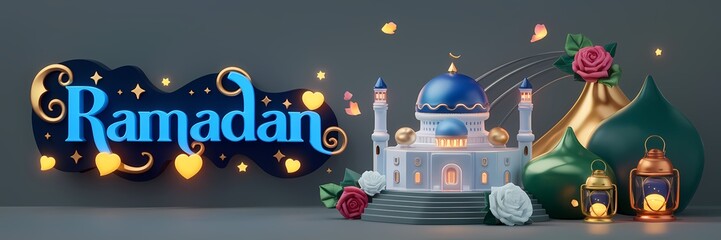 Ramadan Dark Fantasy 3D illustration Scene Featuring Glowing White Mosque with Blue Dome Golden Details Surrounded by Magical Lanterns Butterflies Roses Elegant Ramadan Text Luxurious Fantasy Setting