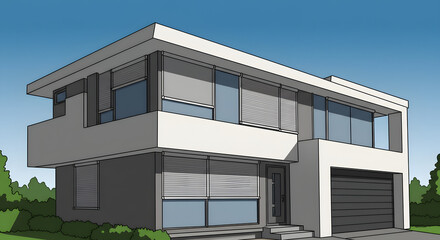 Modern House Exterior: Clean Lines, Roller Shutters, Serene Style