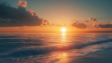 Obraz premium Serene Sunset Ocean: Golden Hour Beachscape