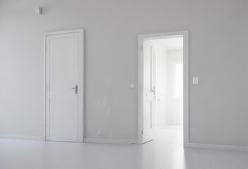 Fototapeta premium Clean white doors, open & closed, minimalist setting , house, frame