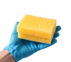 Close-up of a hand in a yellow rubber glove holding a blue sponge with foam for cleaning, isolated on transparent background