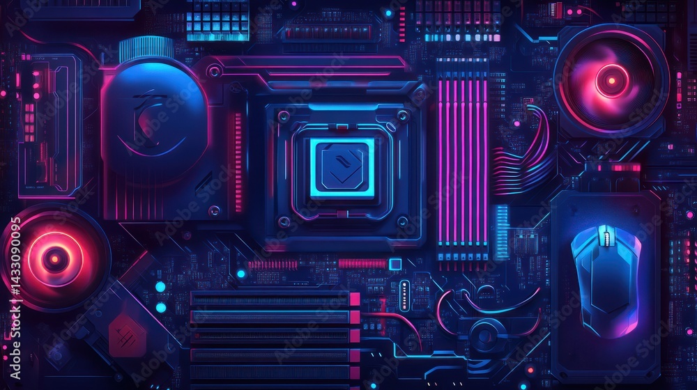 Poster computer motherboard up close showing lights, circuit patterns, and high tech design