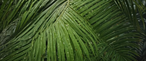 Close-up of a lush, green palm leaf showcasing its texture ,  organic pattern,  summer,  leaf veins
