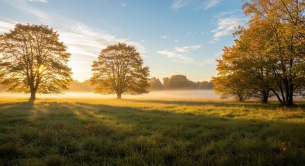 Fototapeta premium Golden hour meadow sunrise scenery