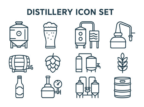 Distillery icon set &ndash; outline style for craft brewing, liquor production, and beverage industry: still, beer glass, fermentation tank, barrel, hops, bottle, keg, distillation column.