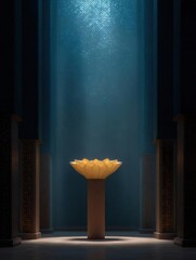 Dimly lit room with a tall, cylindrical pedestal in the center. the pedestal is made of a light-colored material and has a flower-like design on top.