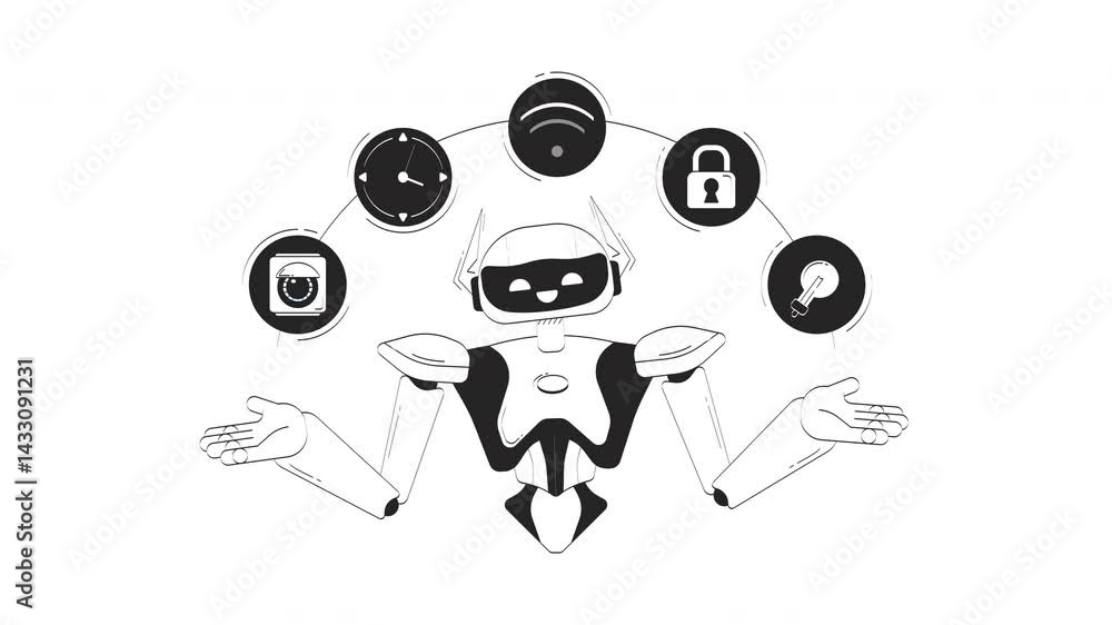Aufkleber ai in smart home doodle outline animation. wifi, fixtures, security, timer orchestration. ai assista