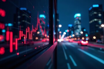 Fototapeta premium Abstract stock market composition with city window and light trails at night, communication, data