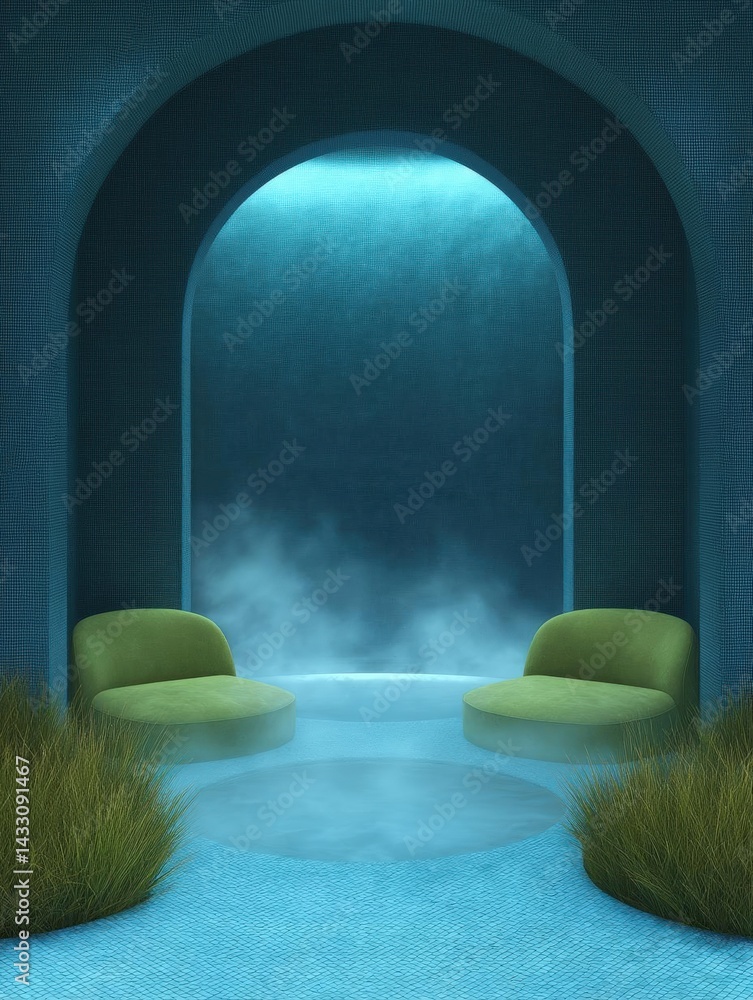 Poster modern and minimalist interior design with a blue-green color scheme. the focal point of the image i