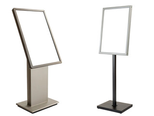Two modern metal sign stands for display on transparent background
