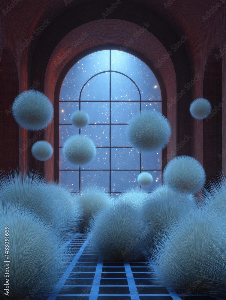 Poster digital illustration of a room with a large arched window in the background. the window is made of g