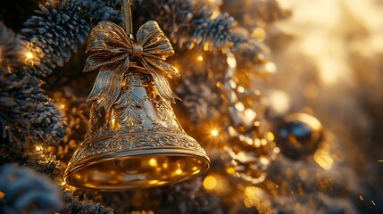 Golden Christmas bell ornament on a decorated tree