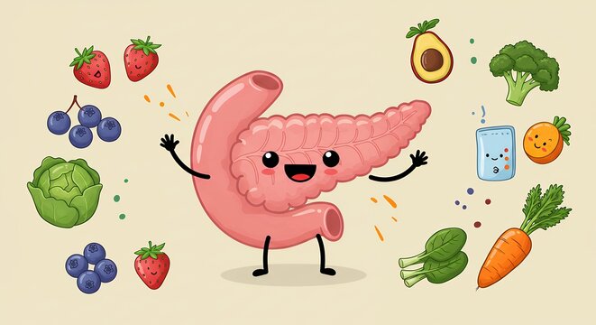 Healthy pancreas cartoon illustration with foods