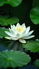 Water lily with fully opened white flowers floating on the surface of a lake or pond surrounded by lush green foliage , lily flower, botanicals , serene lake scene
