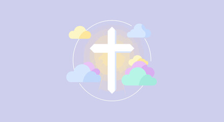 Obraz premium Christian cross illustration with light rays and pastel clouds against a soft purple background symbolizing faith and hope