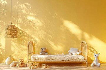 interior of a hotel room，Vibrant yellow wall background featuring a children's bed and wooden toys, crafting an inviting kids' room decor.