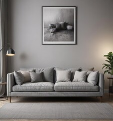 Stylish grey sofa, curated poster gallery, soft pillows,  frames,  cozy