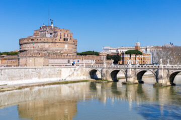 Historic Castel Sant'Angelo with Ponte Sant'Angelo bridge and Tiber river in Rome, Italy
