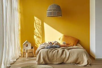 interior of a bedroom，Vibrant yellow wall background featuring a children's bed and wooden toys, crafting an inviting kids' room decor.