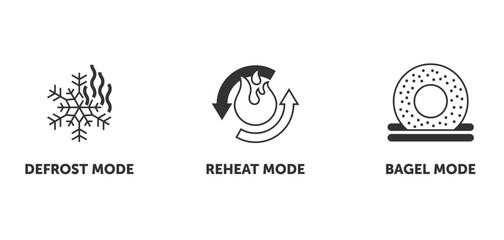 Toaster icons set - Defrost, Reheat, Bagel mode. in monochrome style