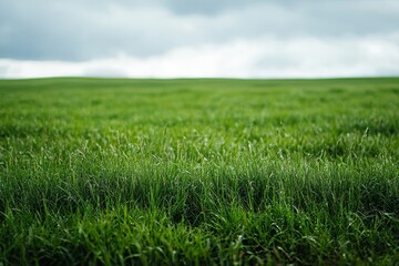 Obraz premium Vast expanse of vibrant green grass field under overcast sky.