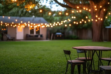 Outdoor string lights hanging in backyard with evening bokeh