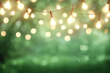 Outdoor string lights hanging in backyard with evening bokeh