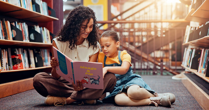 Child, learning or teacher reading book for storytelling, development or growth in school. Teaching, tutor or woman with girl or kid in library for literature lesson, fairy tale or education support