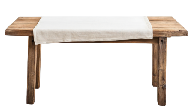rustic wooden table with white table runner