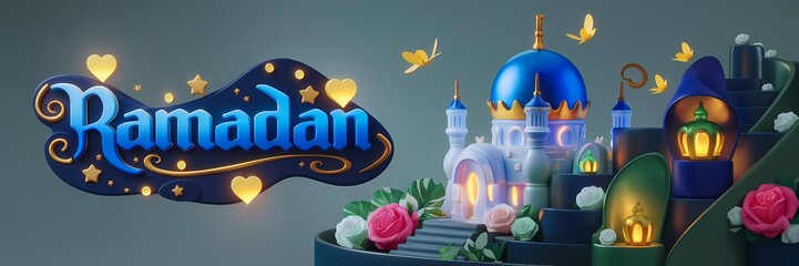 Ramadan Dark Fantasy 3D illustration Scene Featuring Glowing White Mosque with Blue Dome Golden Details Surrounded by Magical Lanterns Butterflies Roses Elegant Ramadan Text Luxurious Fantasy Setting