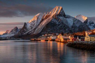 Scenic sunrise over snow-capped mountains and waterfront village, reflecting in calm water, showcasing tranquility and natural beauty