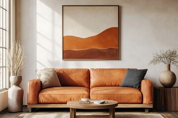 living room interior ,Small poster frame on the wall in front of an orange sofa, presented in a mockup style with warm colors, beige and terracotta tones.