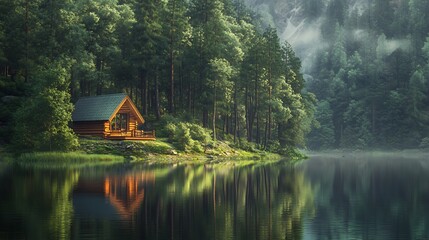 Obraz premium Serene Lakeside Cabin: Tranquil Forest Reflection in Soft Light