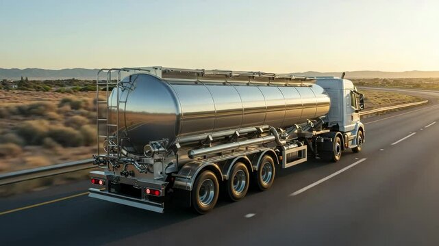 Stainless steel tanker truck transports liquid cargo on desert highway during golden hour, showcasing industrial logistics and transportation efficiency
