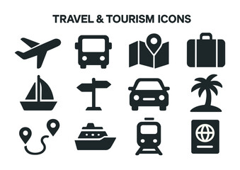 Travel and tourism icon set – solid style vacation, adventure, and transportation symbols for trip planning: airplane, passport, suitcase, map, hotel, tent, cruise.