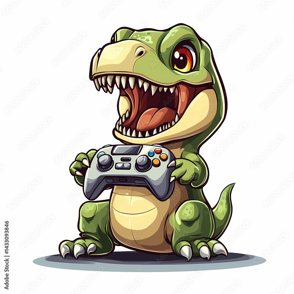 Poster little dinosaur enjoys gaming with a video game controller in hand generative ai