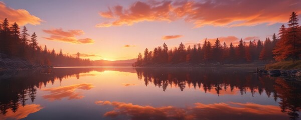 Obraz premium Serene sunset paints the calm lake with fiery hues, reflecting tranquility , calm, background