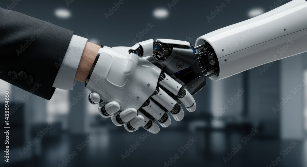 Poster a human in a suit shaking hands with a robot in an office with a blurred background view of the room