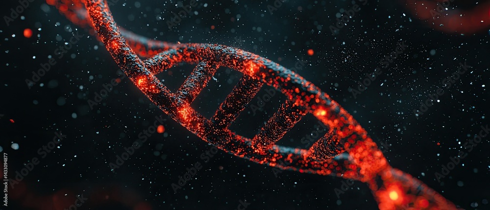 Poster dna helix forensic concept. abstract representation of dna strands amidst colorful particles in a da