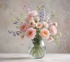 Obraz premium Delicate pastel watercolor blooms in a glass vase, soft hues and gentle brushstrokes , arrangement, leaves, blossom