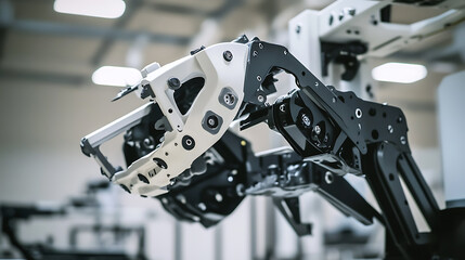 Obraz premium A robotic arm in a high tech research lab, assembling parts for robots used in autonomous food inspection systems, Food-tech style