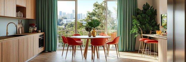 modern kitchen interior ,Modern kitchen with wooden cabinets, green curtains, and red chairs positioned in front of a window that offers a view of an urban landscape.