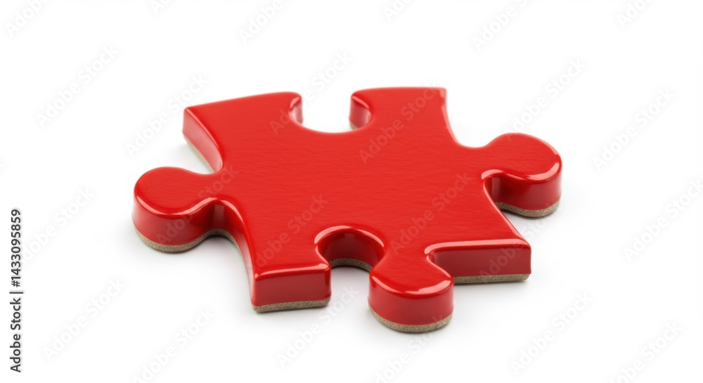 Poster close up of a single red puzzle piece lying on a white surface with soft shadows around it