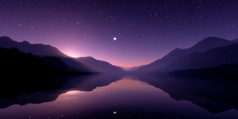 Serene nightscape: purple mountains reflected in calm lake water under starry sky and moon, conveying tranquility and peace